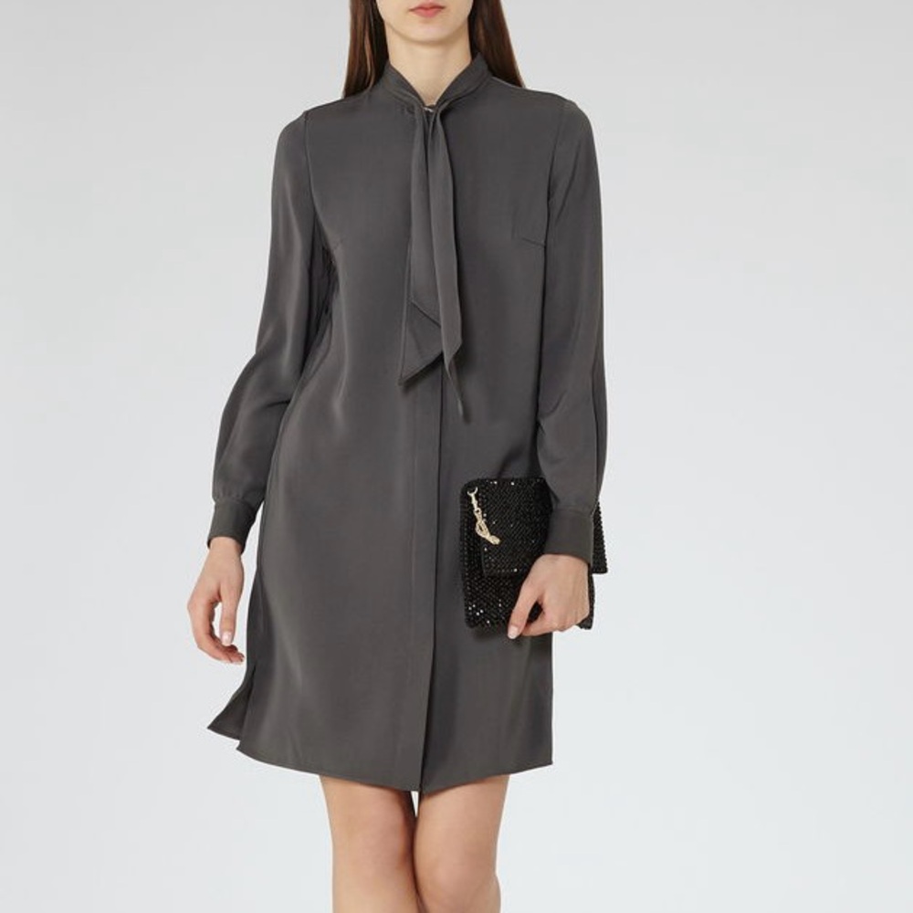 Reiss Hue Tie Neck Shirt Dress Grey Size 6